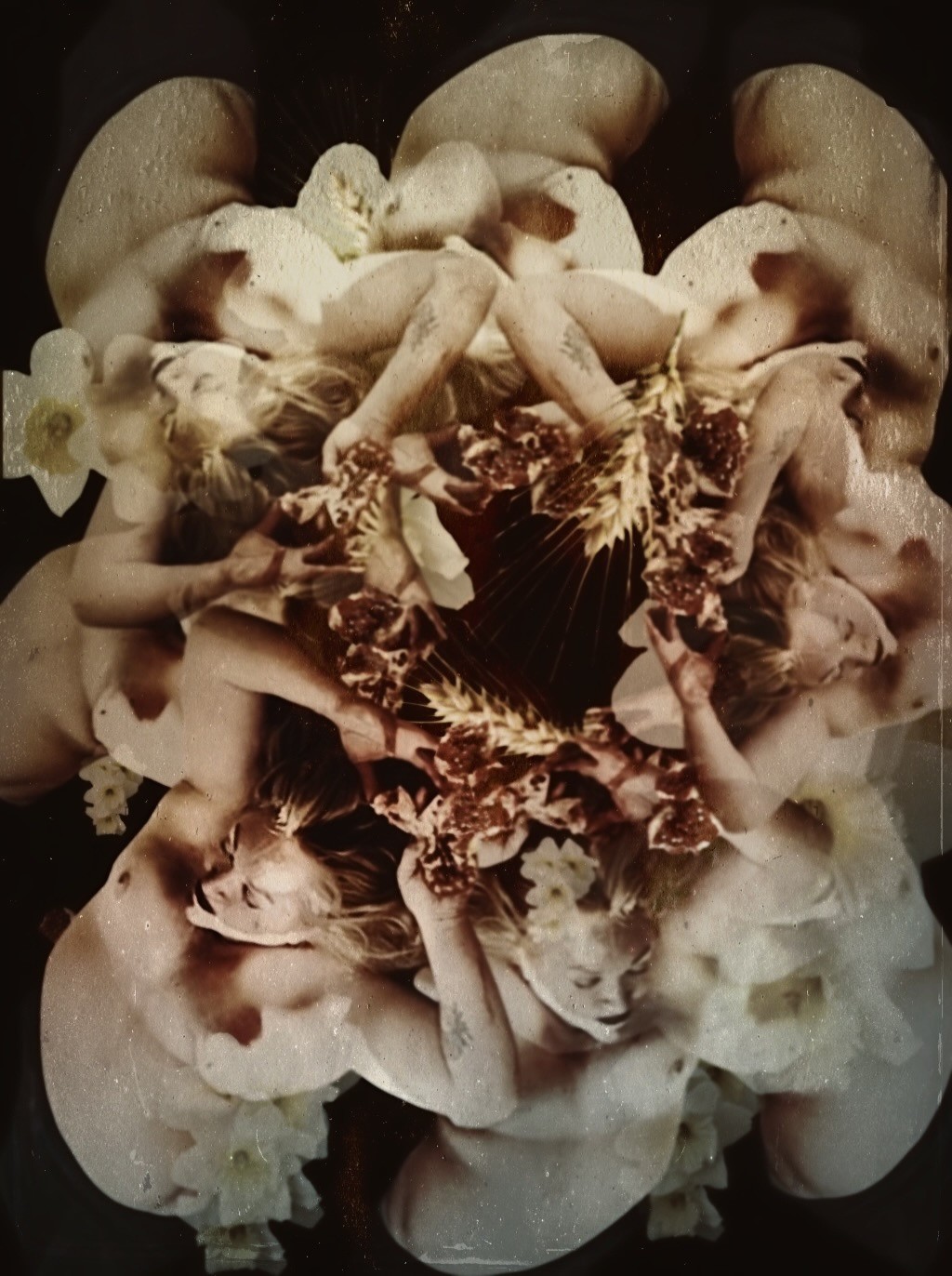 One Year. Fifty. Five Hundred. Forever. A kaleidoscopic digital collage of bodies, pale flowers and earth, mirrored around a dark centre.