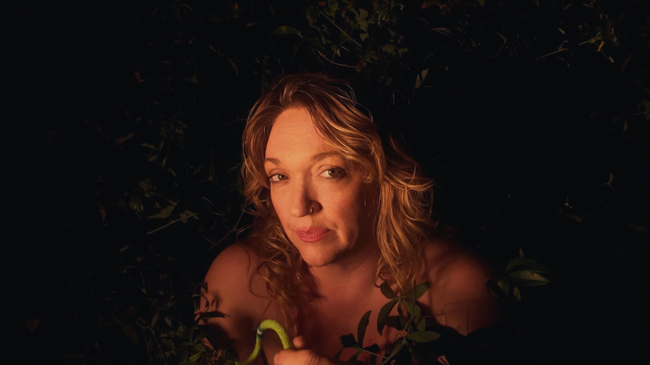 Fear Not, further work. A direct gaze among the leaves, a green stem in hand.