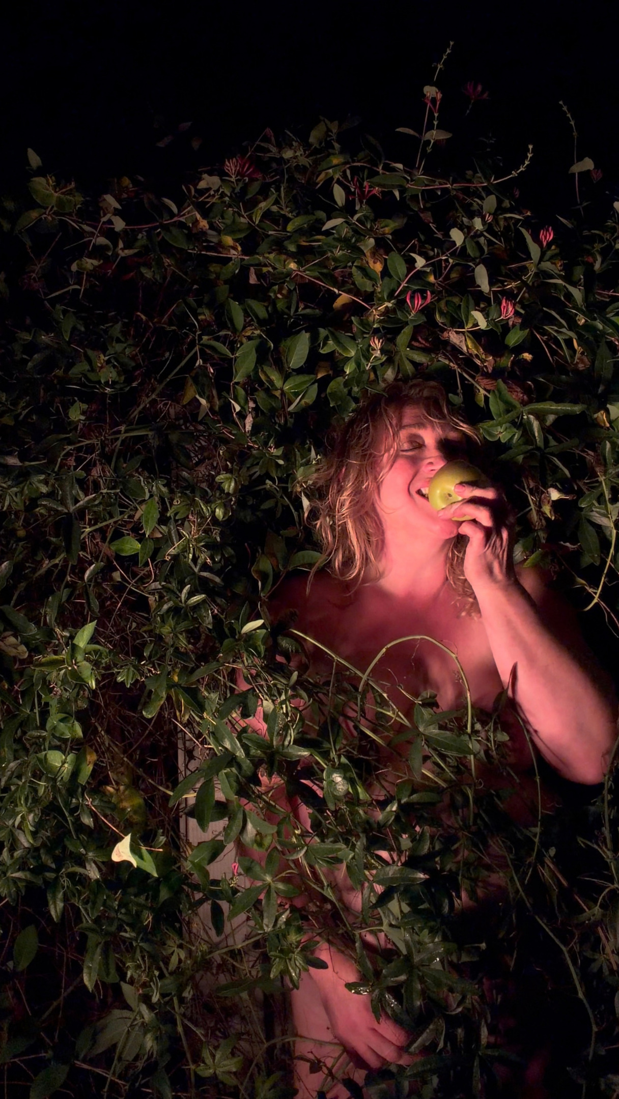 Fear Not, further work. Biting the apple deep in the lit vines, eyes closed, honeysuckle above.