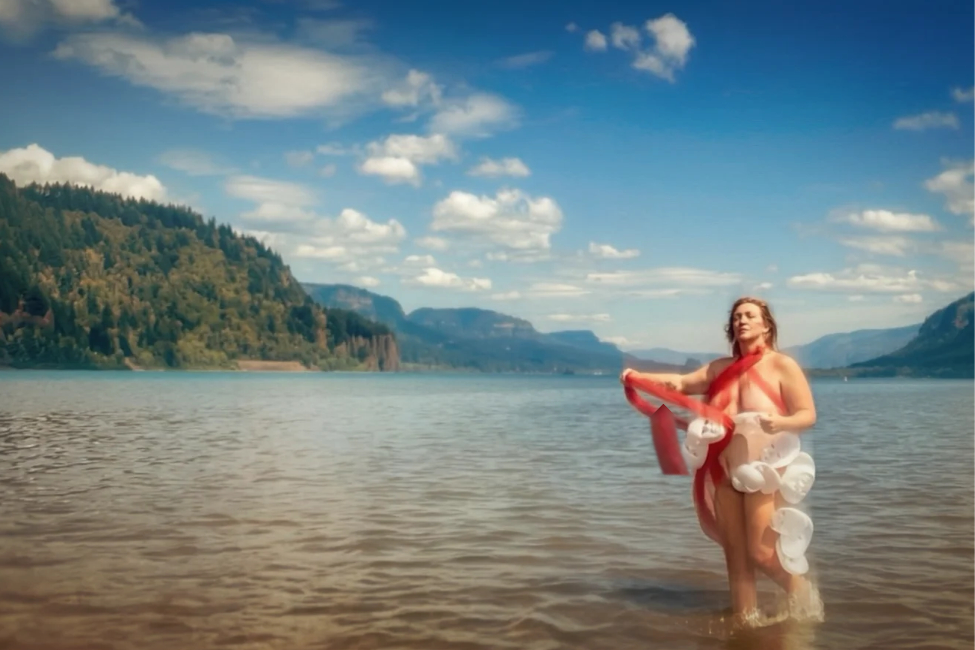 It Was Shelter Before It Was a Lie. Standing knee-deep in the Columbia under a wide sky, red cloth drawn across the body, white shell-like forms at the hip.