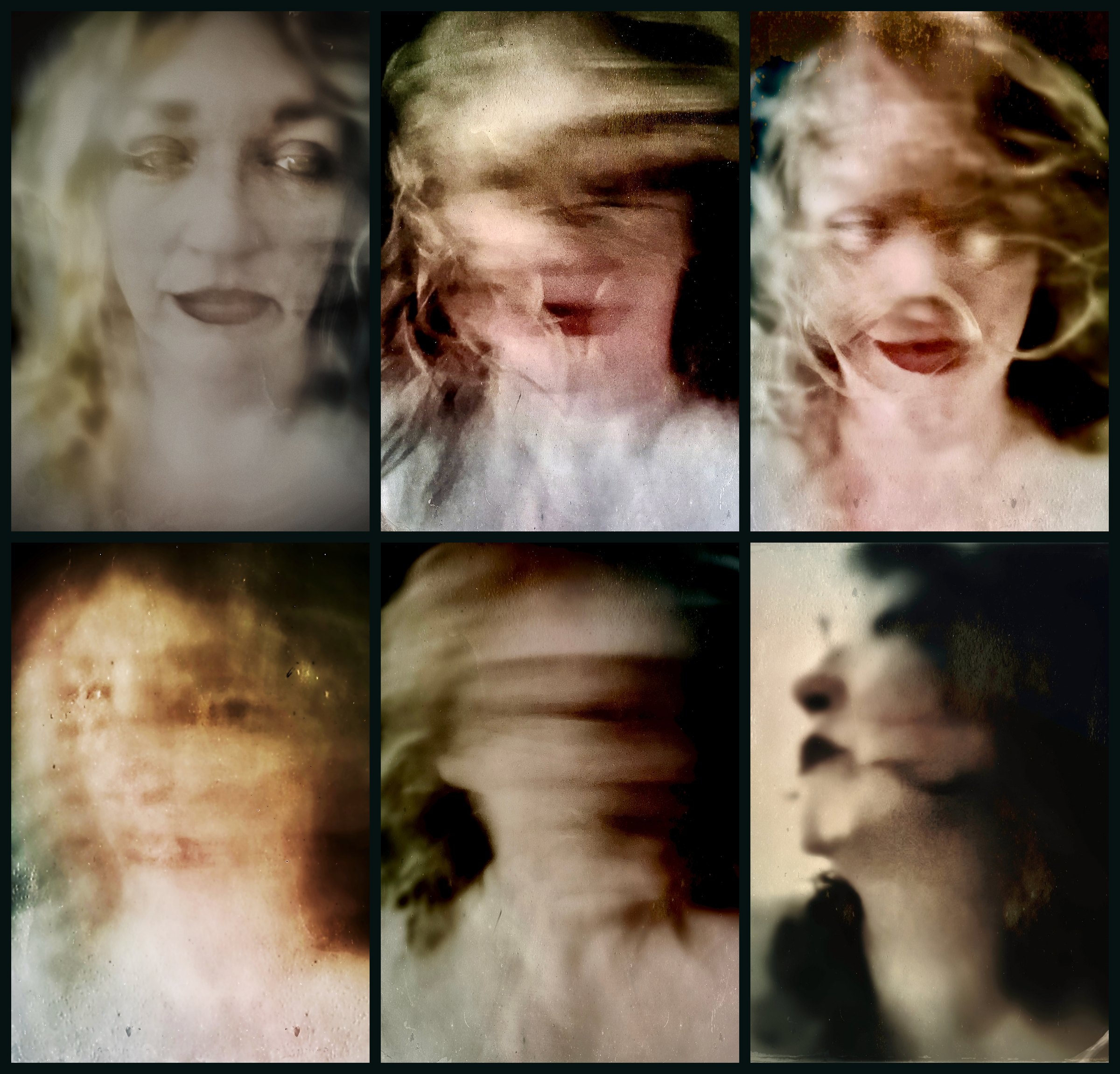 Phase. Six self-portraits in a grid of two rows of three, moving from a direct, still gaze through blurred motion and an open red mouth, to a face dissolved and erased, ending in profile, turned away.